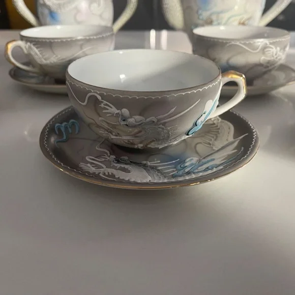 Moriage Raised Dragon Demitasse Tea Set; Dragon-ware Vintage